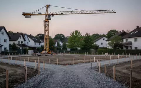 Eine Baustelle mit einem gelben Baukran in einem Wohngebiet in der Abenddämmerung. - Foto: über boerse-global.de