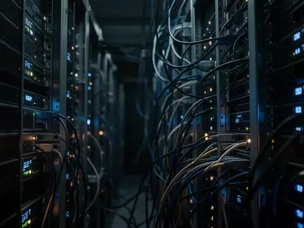 Dunkler Serverraum mit blinkenden Kontrollleuchten und aufwendiger Verkabelung in einer technologischen Umgebung. - Foto: über boerse-global.de
