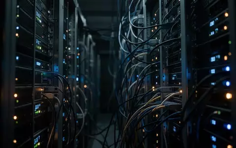 Dunkler Serverraum mit blinkenden Kontrollleuchten und aufwendiger Verkabelung in einer technologischen Umgebung. - Foto: über boerse-global.de