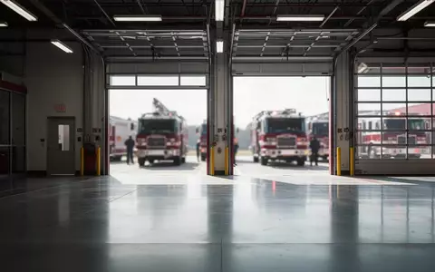 Leere Fahrzeughalle einer modernen Feuerwache mit großem Tor und natürlichem Lichteinfall. - Foto: über boerse-global.de