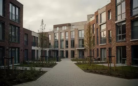 Ein modernes Wohngebäude in den Niederlanden mit Backsteinfassade und begrünten Außenanlagen bei bewölktem Himmel. - Foto: über boerse-global.de