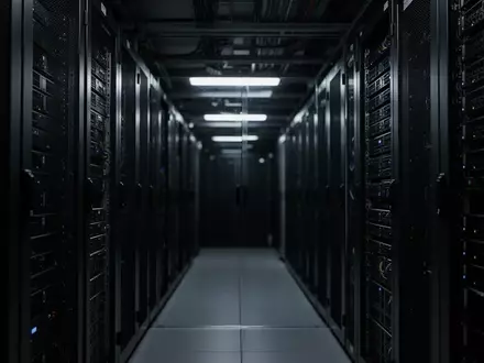 Dunkle, industrielle Serverraum-Umgebung mit metallischen Schränken in einer abstrakten, tiefschattigen Komposition. - Foto: über boerse-global.de