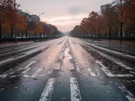 Eine menschenleere, nasse Asphaltstraße einer Marathonstrecke an einem bewölkten Tag. - Foto: über boerse-global.de