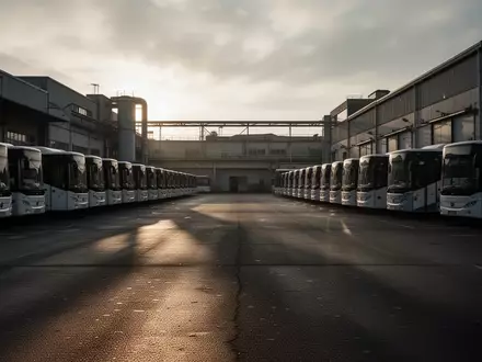 Ein leeres Busdepot mit geparkten Bussen an einem bewölkten Morgen. - Foto: über boerse-global.de
