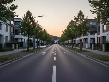 Eine leere, moderne Vorstadtstraße in Hessen mit klar markierten Fahrspuren und Wohnbebauung bei Dämmerung. - Foto: über boerse-global.de