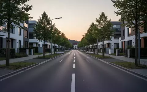 Eine leere, moderne Vorstadtstraße in Hessen mit klar markierten Fahrspuren und Wohnbebauung bei Dämmerung. - Foto: über boerse-global.de