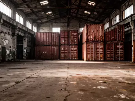 Leere Industriehalle mit gestapelten Containern und gedimmtem Tageslicht. - Foto: über boerse-global.de