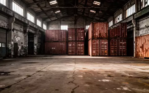 Leere Industriehalle mit gestapelten Containern und gedimmtem Tageslicht. - Foto: über boerse-global.de