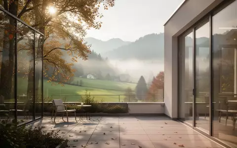 Eine ruhige Terrasse eines Pflegeheims mit Blick auf eine bewaldete Hügellandschaft in der Schweiz bei sanftem Morgenlicht. - Foto: über boerse-global.de