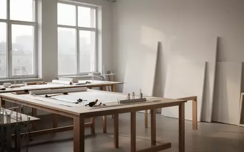 Ein minimalistisches, leeres Kreativstudio mit Holztischen und Leinwänden in natürlichem Tageslicht. - Foto: über boerse-global.de