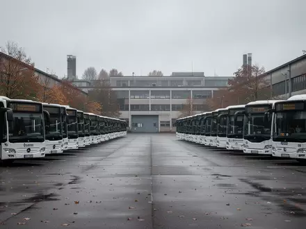 Leeres Busdepot mit geparkten Bussen an einem bewölkten Tag in Baden-Württemberg. - Foto: über boerse-global.de