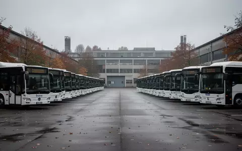 Leeres Busdepot mit geparkten Bussen an einem bewölkten Tag in Baden-Württemberg. - Foto: über boerse-global.de