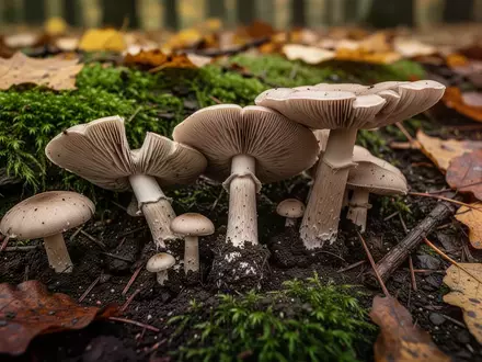 Verschiedene Pilze auf einem moosigen Waldboden im Herbstlicht - Foto: über boerse-global.de