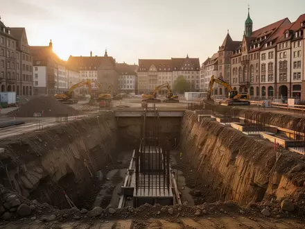 Eine weite Baustelle mit tiefer Baugrube und Fundamentarbeiten in einem städtischen Umfeld bei Sonnenuntergang. - Foto: über boerse-global.de