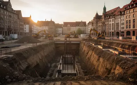 Eine weite Baustelle mit tiefer Baugrube und Fundamentarbeiten in einem städtischen Umfeld bei Sonnenuntergang. - Foto: über boerse-global.de