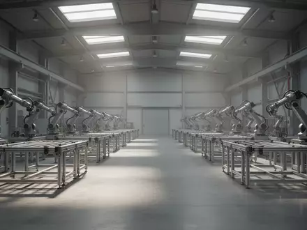 Eine leere, moderne Fertigungshalle in einer Automobilfabrik mit unbesetzten Arbeitsstationen und Industrierobotern. - Foto: über boerse-global.de
