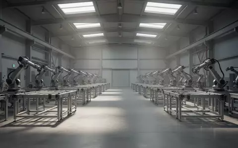 Eine leere, moderne Fertigungshalle in einer Automobilfabrik mit unbesetzten Arbeitsstationen und Industrierobotern. - Foto: über boerse-global.de