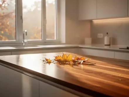 Eine helle, minimalistische Küche im Herbst mit einfallendem Sonnenlicht auf einer leeren Arbeitsplatte. - Foto: über boerse-global.de