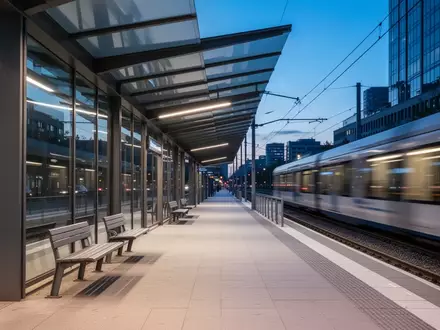 Moderne, leere Straßenbahnhaltestelle mit Glas- und Stahlelementen in der Dämmerung - Foto: über boerse-global.de