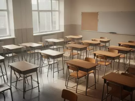 Leeres Klassenzimmer mit ordentlich aufgereihten Holztischen und Stühlen in einem hellen, sonnendurchfluteten Raum. - Foto: über boerse-global.de