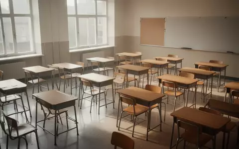 Leeres Klassenzimmer mit ordentlich aufgereihten Holztischen und Stühlen in einem hellen, sonnendurchfluteten Raum. - Foto: über boerse-global.de