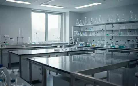 Ein modernes, leeres Labor mit Edelstahl-Arbeitstischen und wissenschaftlichem Glasgeschirr in einer hellen, professionellen Forschungsumgebung. - Foto: über boerse-global.de