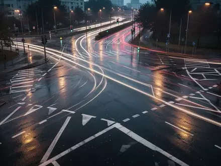 Eine regennasse Straßenkreuzung bei Dämmerung mit komplexen Fahrbahnmarkierungen und Lichtspuren des Verkehrs. - Foto: über boerse-global.de