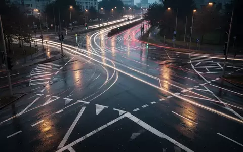 Eine regennasse Straßenkreuzung bei Dämmerung mit komplexen Fahrbahnmarkierungen und Lichtspuren des Verkehrs. - Foto: über boerse-global.de