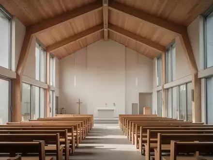 Innenraum einer modernen, schlichten Kirche mit HolzbĂ€nken und groĂen Fenstern bei natĂŒrlichem Tageslicht. - Foto: ĂŒber boerse-global.de