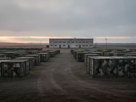 Ein weitläufiger, menschenleerer militärischer Übungsplatz in der Morgendämmerung mit schlichten Unterkunftsgebäuden. - Foto: über boerse-global.de