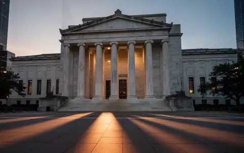 Die neoklassizistische Fassade eines Regierungsgebäudes in Washington D.C. während der Dämmerung. - Foto: über boerse-global.de