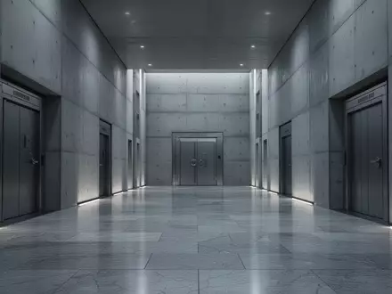 Ein leerer, minimalistischer Korridor in einem Bankgebäude mit polierten Steinböden und hohen Betonwänden. - Foto: über boerse-global.de