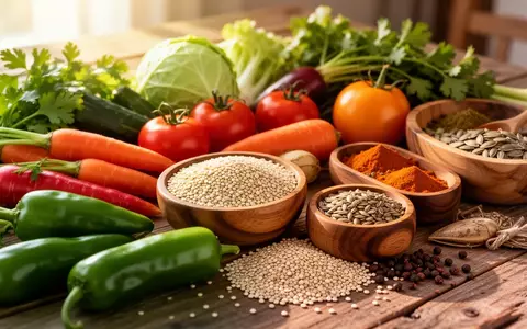 Frische Gemüsesorten, Quinoa und verschiedene Gewürze auf einem rustikalen Holztisch. - Foto: über boerse-global.de