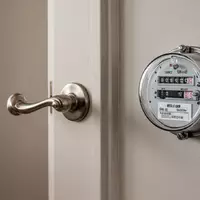 Eine Nahaufnahme einer klassischen Wohnungstür und eines analogen Stromzählers an einer schlichten Hausflurwand. - Foto: über boerse-global.de