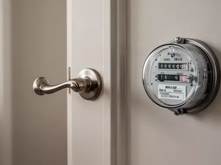Eine Nahaufnahme einer klassischen Wohnungstür und eines analogen Stromzählers an einer schlichten Hausflurwand. - Foto: über boerse-global.de