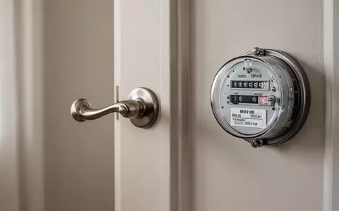 Eine Nahaufnahme einer klassischen Wohnungstür und eines analogen Stromzählers an einer schlichten Hausflurwand. - Foto: über boerse-global.de