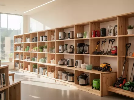 Ein helles, aufgeräumtes Regal in einer Leihbibliothek mit verschiedenen Alltagsgegenständen und Werkzeugen. - Foto: über boerse-global.de