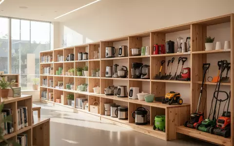 Ein helles, aufgeräumtes Regal in einer Leihbibliothek mit verschiedenen Alltagsgegenständen und Werkzeugen. - Foto: über boerse-global.de