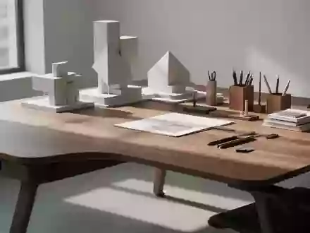 Ein minimalistischer, heller Arbeitsplatz mit einem Holztisch und geometrischen Objekten bei natürlichem Tageslicht. - Foto: über boerse-global.de