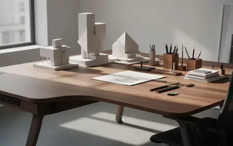 Ein minimalistischer, heller Arbeitsplatz mit einem Holztisch und geometrischen Objekten bei natürlichem Tageslicht. - Foto: über boerse-global.de