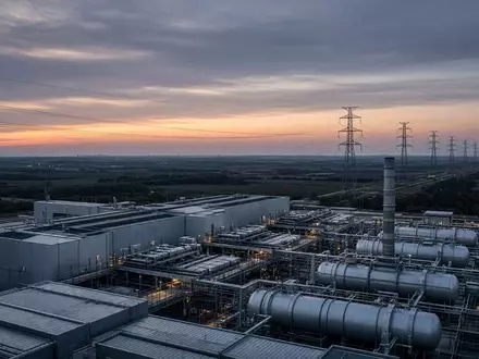 Moderne Industrieanlage für Energie bei Dämmerung mit Hochspannungsleitungen und technischer Infrastruktur. - Foto: über boerse-global.de