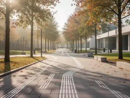 Ein barrierefreier, heller Parkweg mit taktilen Leitelementen im Herbstlicht. - Foto: über boerse-global.de
