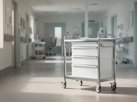 Ein heller, moderner Behandlungsraum in einer Klinik mit einem sterilen medizinischen Wagen in einer ruhigen, professionellen Umgebung. - Foto: über boerse-global.de