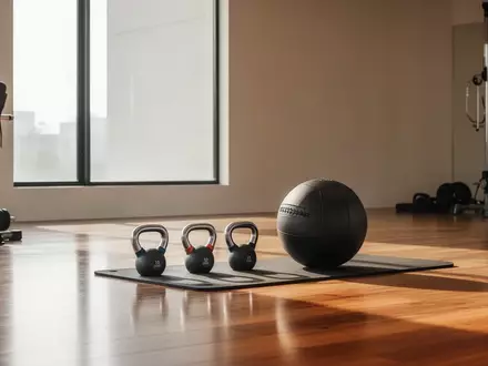 Ein minimalistischer Fitnessraum mit Trainingsgeräten auf einem Holzboden in hellem, natürlichem Licht. - Foto: über boerse-global.de