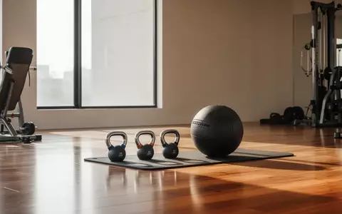 Ein minimalistischer Fitnessraum mit Trainingsgeräten auf einem Holzboden in hellem, natürlichem Licht. - Foto: über boerse-global.de