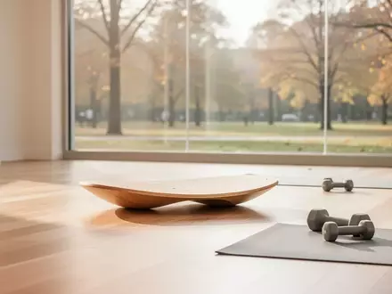 Ein heller, minimalistischer Trainingsraum mit einem Balance-Board und zwei Hanteln auf einer Matte in einer ruhigen Umgebung. - Foto: über boerse-global.de