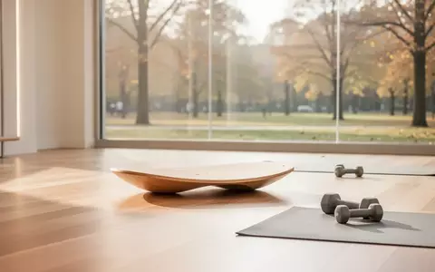 Ein heller, minimalistischer Trainingsraum mit einem Balance-Board und zwei Hanteln auf einer Matte in einer ruhigen Umgebung. - Foto: über boerse-global.de