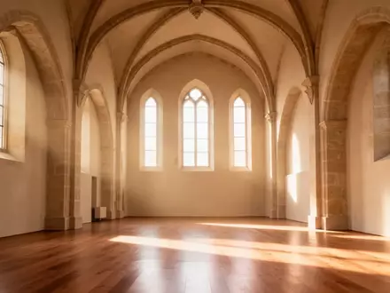 Ein minimalistischer, lichtdurchfluteter Sakralraum mit hohen Steinbögen und Holzboden in einer Kirche. - Foto: über boerse-global.de