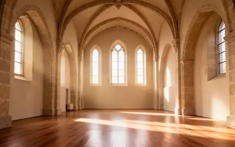 Ein minimalistischer, lichtdurchfluteter Sakralraum mit hohen Steinbögen und Holzboden in einer Kirche. - Foto: über boerse-global.de