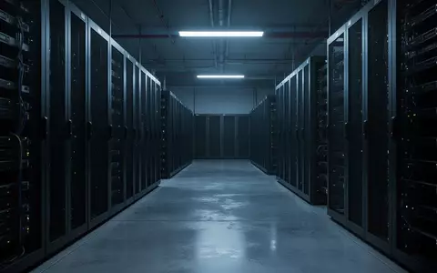 Dunkler Serverraum mit leeren Server-Racks und kühler Beleuchtung auf einem glänzenden Betonboden. - Foto: über boerse-global.de